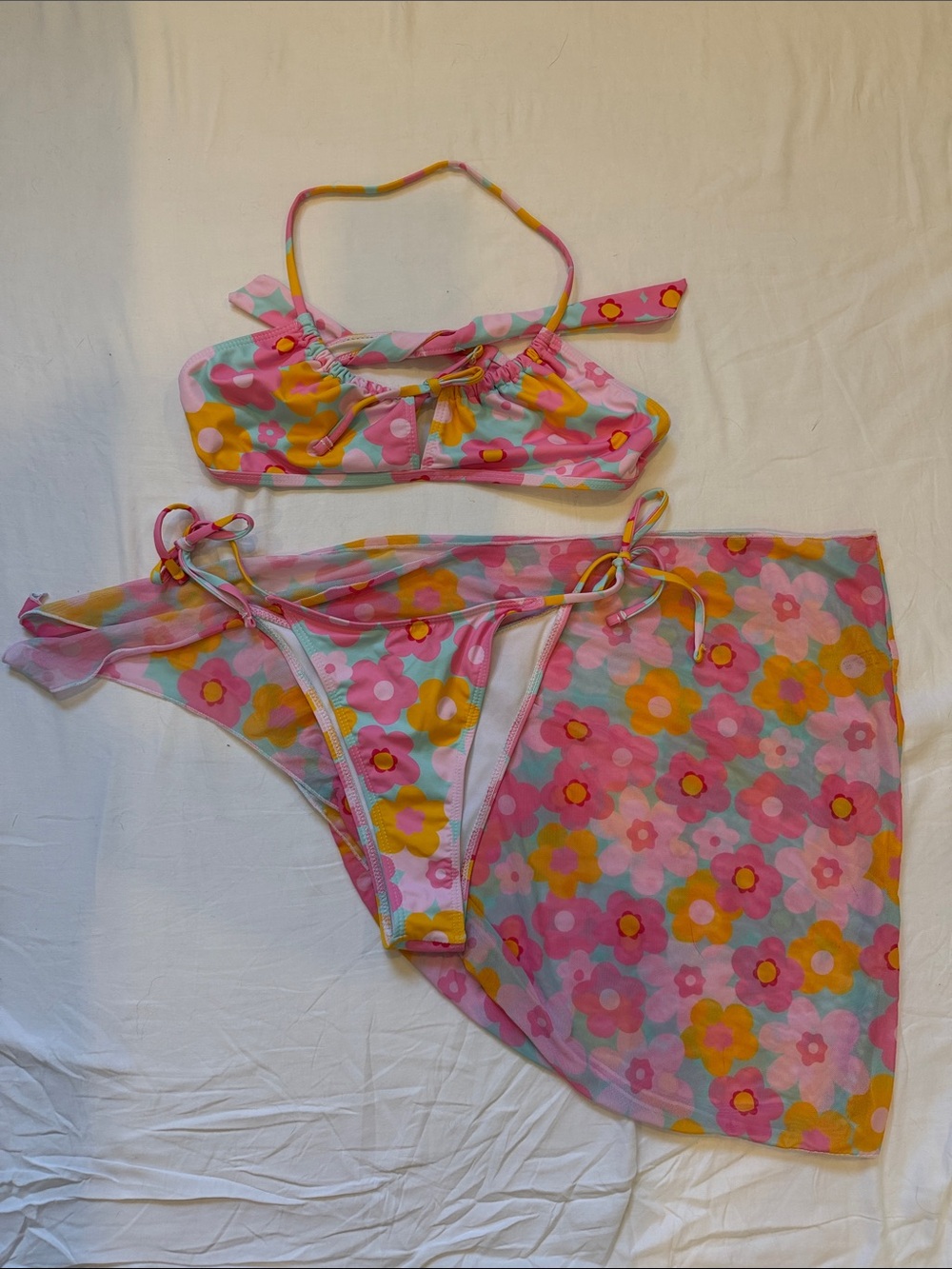SHEIN Pink Floral Two-Piece Bikini with Sarong